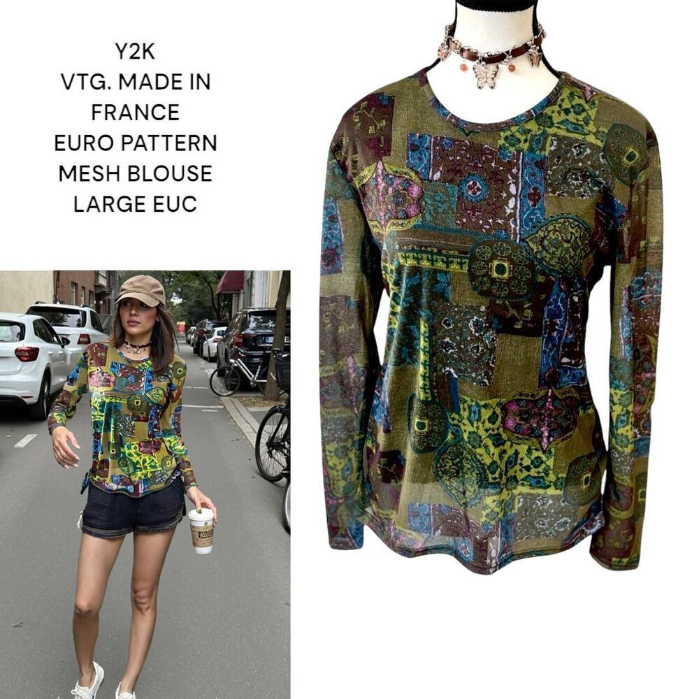 Y2K VTG. MADE IN FRANCE PARIS PATTERN GRAPHIC PRINT PARISโ BLOUSE LARGE EUC